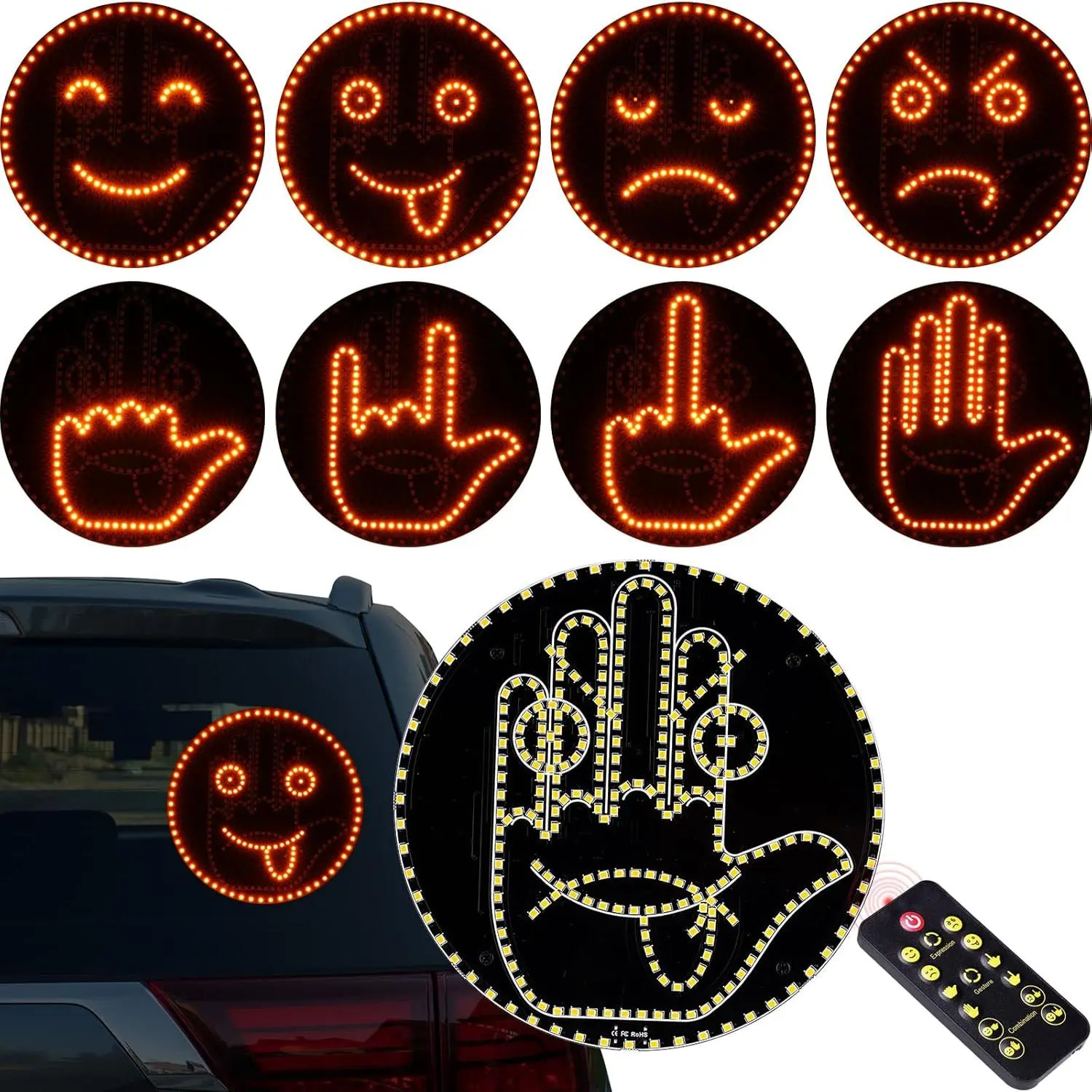LED Car Expression Display with Remote Control Quick Gesture Changes, Easy Installation Multiple Light Modes Hand Gesture Signal Light, Bright LED Anti-Tailgating and Safety Warnings