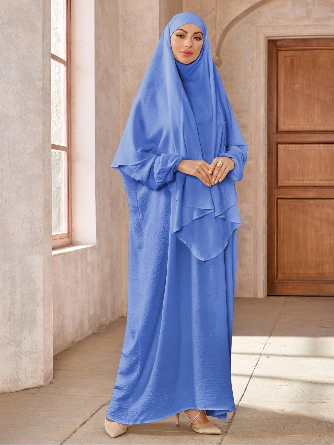 Women's Solid Long Sleeve Abaya & Hijab Set, Modest Fashionable Two-piece Outfits for Women, Women's Islamic Clothing for Daily Wear