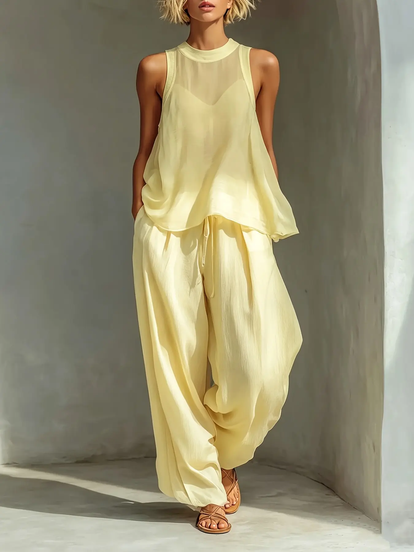 Elegant Basic Plain Sleeveless Top and Drawstring Loose Wide Leg Pants Set for Women, Two-Piece Without Innerwear, Simple and Chic Fashion Ensemble