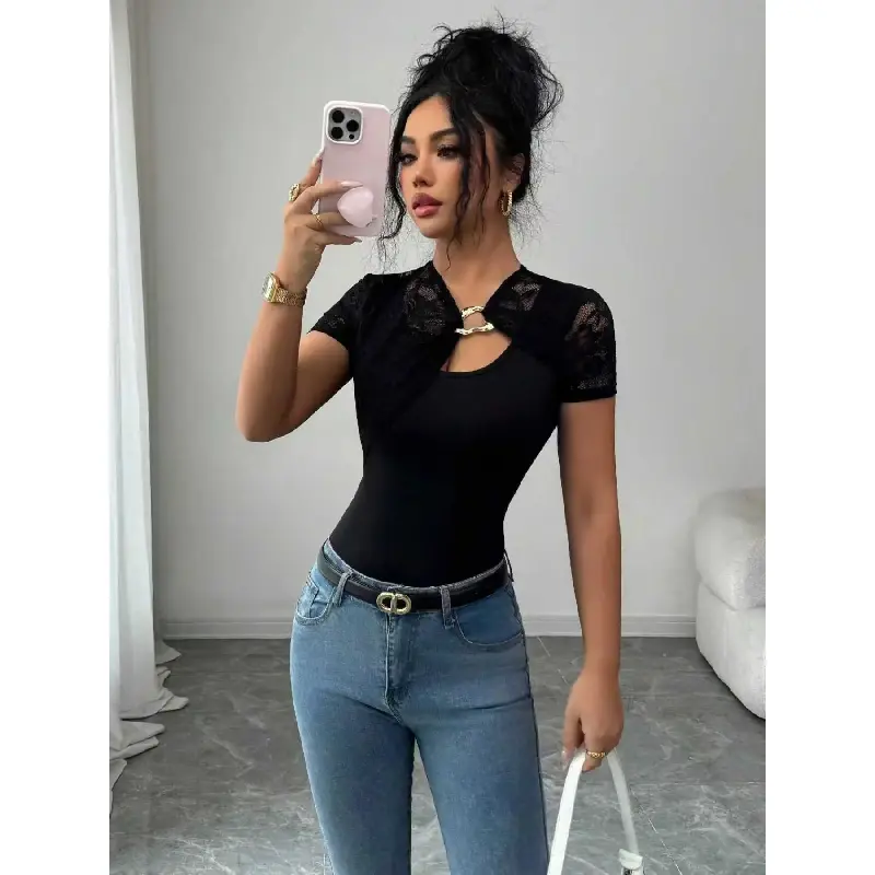 Lace Patchwork Metal Button Short Sleeve Top, French Chic Style, Slim Fit Sexy Cut Out, Office Date Night Shirt, Casual Streetwear Women's Tee, Womenswear