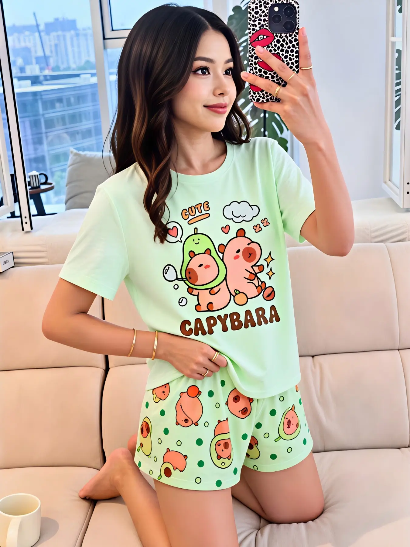 Girls' Two-Piece Set: Short-Sleeve Top with Avocado Capybara Print + Baggy Shorts with All-Over Avocado Capybara Print—cute, playful, and lively, perfect for girls' everyday wear