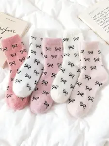 5 Pairs Women's Bow Crew Socks, Cute Heart Pattern, Loose-Fit Mid-Calf, Thick Warm Sleep Socks for Fall & Winter