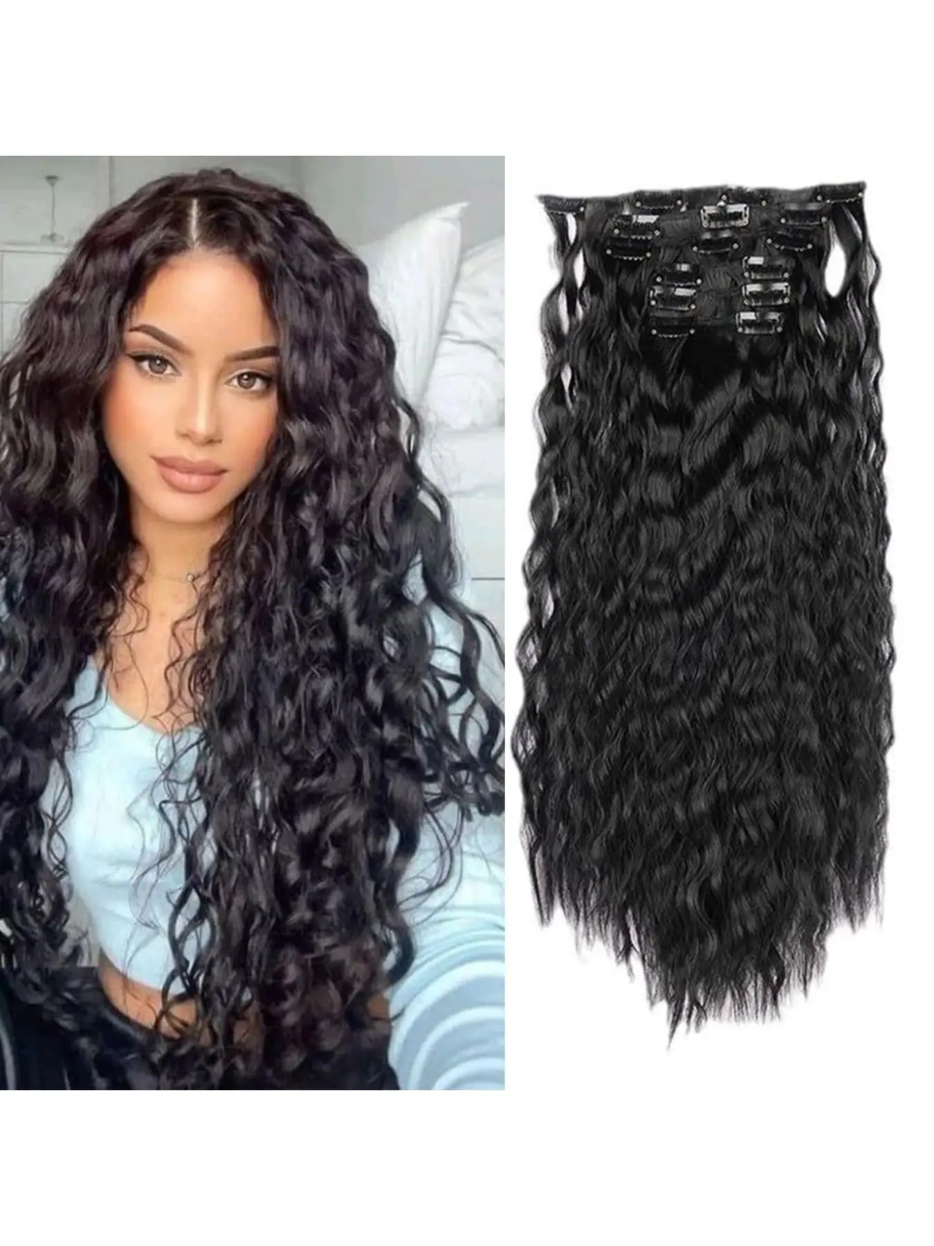 6PCS Clip In Hair Extensions, Corn Perm Fluffy Long Curly Hair Pieces, Thick Voluminous Textured Wavy Clip On Synthetic Hair Extensions, Soft Natural Looking Clip In Hairpieces, Fashion Full Head Hair Extensions For Women Daily Wear, Birthday Party, Club,