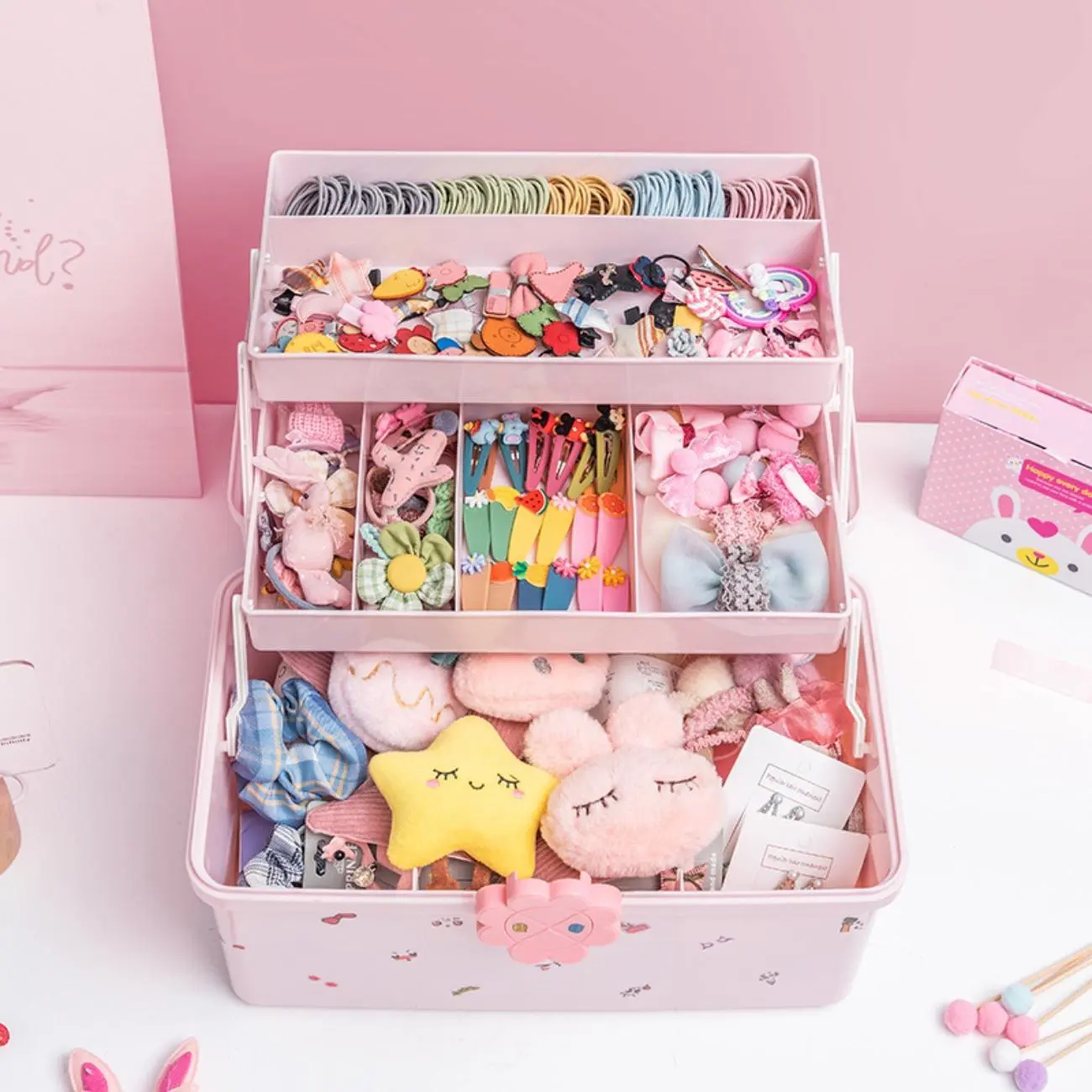 Hair Accessories Organizer for Girls 3-Layer Lockable PP Material Large Capacity Storage Box with Handle & Rotating Latch for Baby Girls' Hair Pins Ties Bows Clips Barrettes