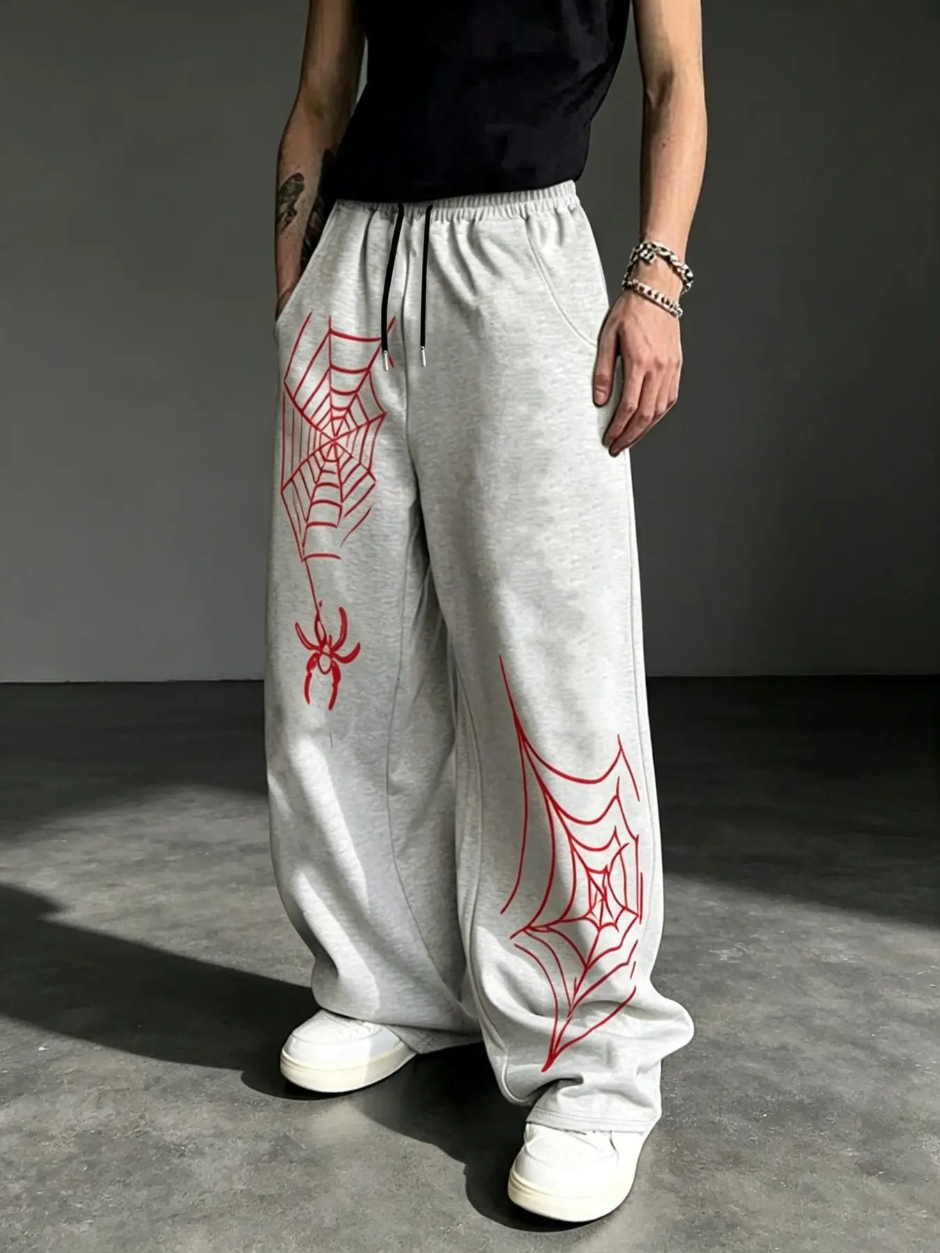 Men's Street Style Loose Fit Casual Sports Pants, Spider Web Print, Suitable for Spring & Fall Outdoor Activities and Home Wear