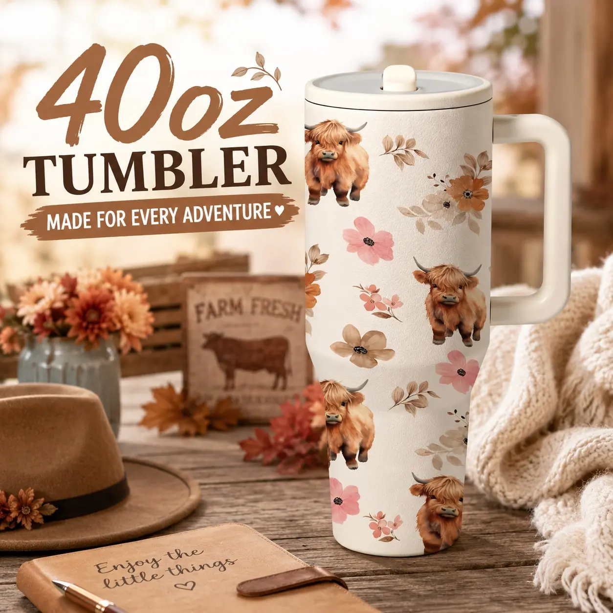40oz Highland Cow Floral Stainless Steel Tumbler, Insulated Coffee Mug with Lid, Travel Mugs Insulated for Hot and Cold, Coffee Thermos, Keeps Drinks Hot 12h & Cold 24h, Ideal Gift for Women, Moms, Friends, Teachers, Drinkware Bottles