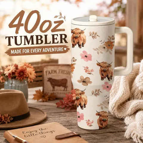 40oz Highland Cow Floral Stainless Steel Tumbler, Insulated Coffee Mug with Lid, Travel Mugs Insulated for Hot and Cold, Coffee Thermos, Keeps Drinks Hot 12h & Cold 24h, Ideal Gift for Women, Moms, Friends, Teachers, Drinkware Bottles