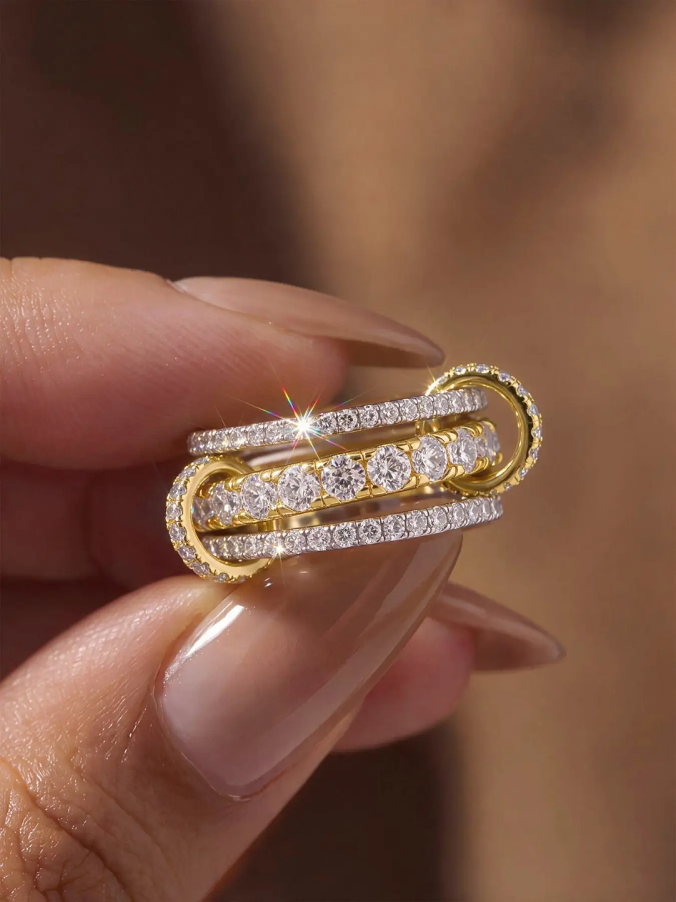 Two-Tone Full Pave Cubic Zirconia Chain Ring, Interlocking Stackable Layered Design, Perfect Gift for Girlfriend or Lover on Anniversary and Valentine's Day