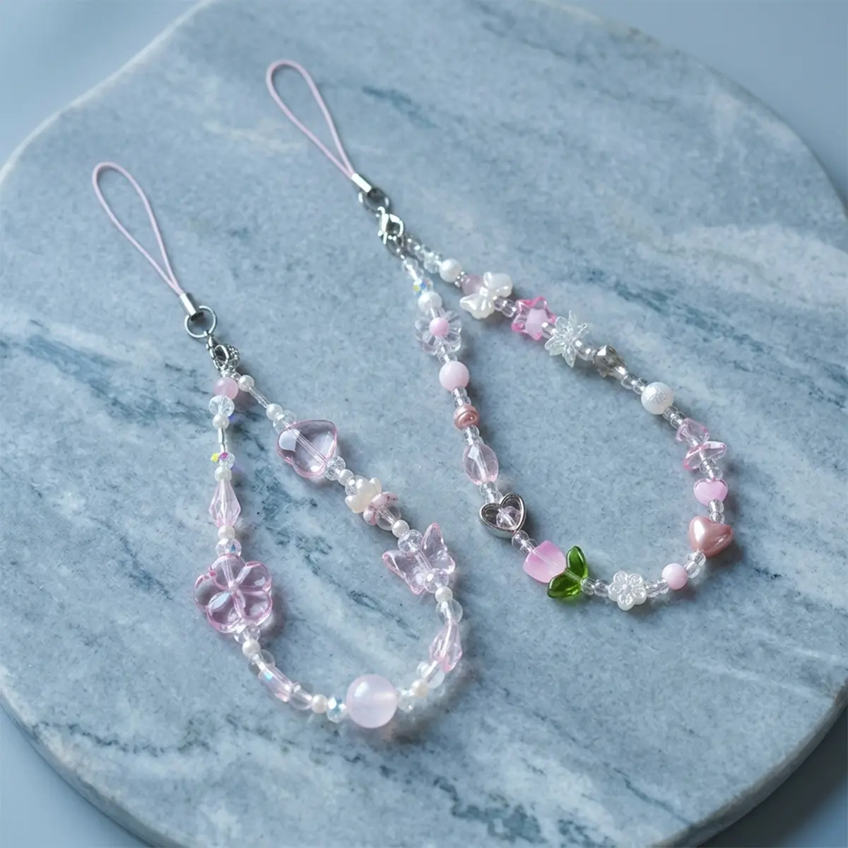 1pc Cute Pink Butterfly Flower Phone Charm, Acrylic Crystal Bead Keychain Lanyard Strap With Pearl Heart Pendant Aesthetic Y2K Coquette Bag Charm For Phone Case Camera Backpack Women Girls Gift
