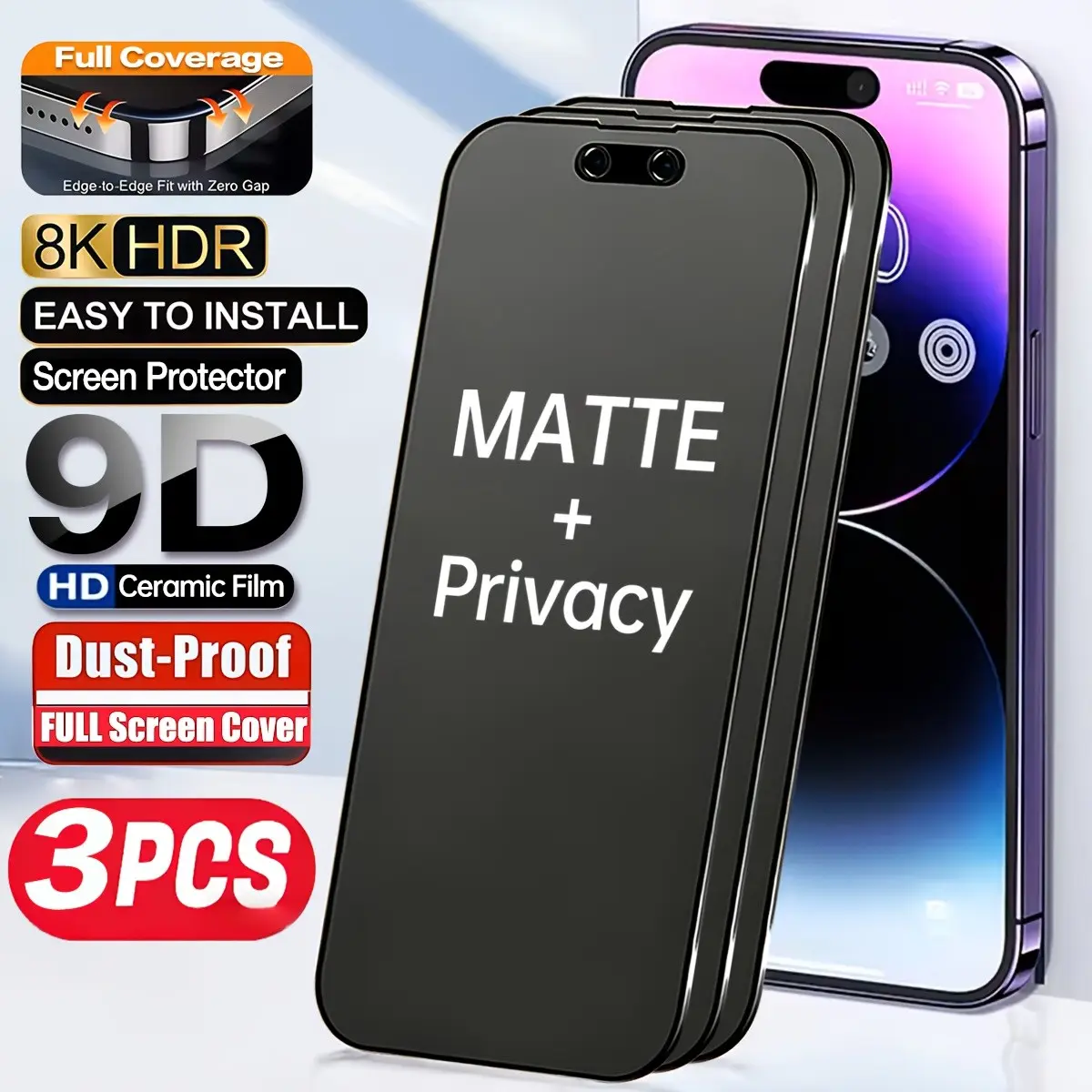 iPhone 17/16/15/14/13/12/11 Pro/promax 3-Pack 9D Matte Privacy Ceramic Film, 8k HD Anti-Dust Fingerprints Glare Protection