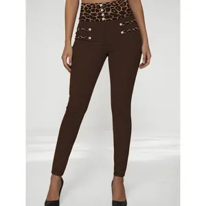 Stretchy-Waist Fitted Long Pants - Hot-Fix Bead Embellishment, Leopard Print Patchwork, Suitable Activities Such as Daily Indoor Workouts, Fitness, Outdoor, Cycling, Volleyball, Tennis, and Golf, Commuting