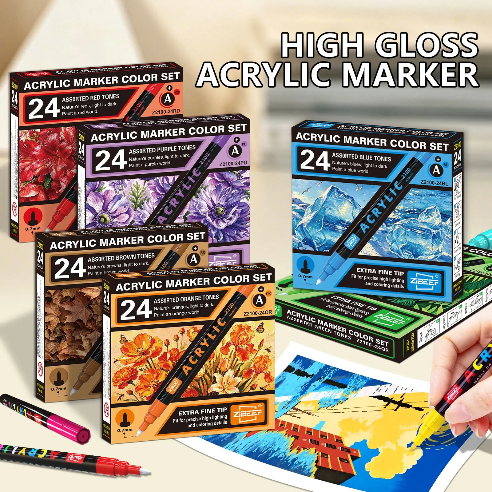 Zibeef 0.7mm Ultra-Fine Acrylic Marker Set, 24-Piece Professional Art Markers Set Color Series, Ideal for Drawing, Sketching, Writing, School Supplies