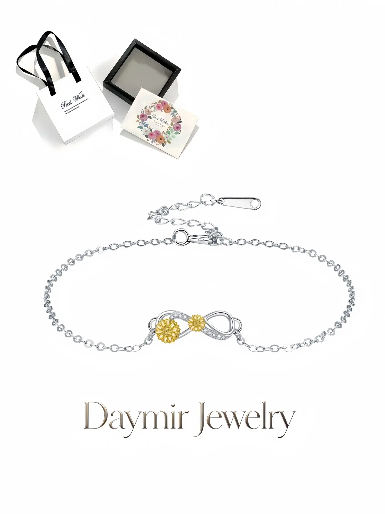 Dual Gold Sunflower Infinity Bracelet, fresh classy skin-brightening hand jewelry for women. Comes with exquisite drawer jewelry box, perfect gifts for birthdays, Mother’s Day, Valentine’s Day, Christmas and anniversaries.