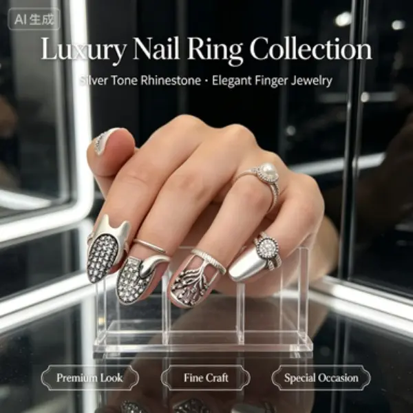 Luxury Silver Nail Ring Set Rhinestone Finger Tip Cuff Rings Vintage Nail Guards Jewelry For Women Party