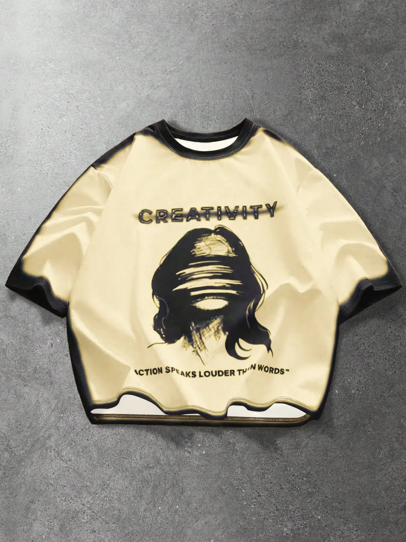 Vintage Distressed Oversized Round Neck Aesthetic Graphic T-Shirt for Men & Women – High Street Urban Streetwear with "Creativity" Letter Print, Artistic Silhouette Graphic, Bleached Edge Detail for Casual Daily Wear & Skate Style