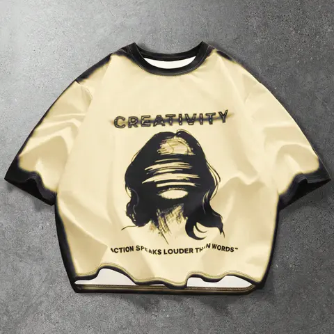 Vintage Distressed Oversized Round Neck Graphic T-Shirt for Men & Women – High Street Urban Streetwear with "Creativity" Letter Print, Artistic Silhouette Graphic, Bleached Edge Detail for Casual Daily Wear & Skate Style Art Graphic Tee