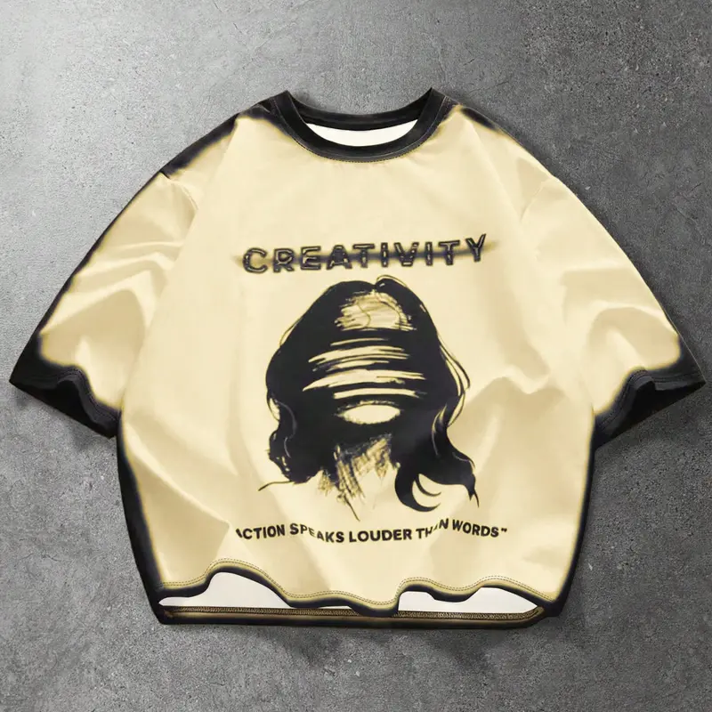 Vintage Distressed Oversized Round Neck Graphic T-Shirt for Men & Women – High Street Urban Streetwear with "Creativity" Letter Print, Artistic Silhouette Graphic, Bleached Edge Detail for Casual Daily Wear & Skate Style Art Graphic Tee