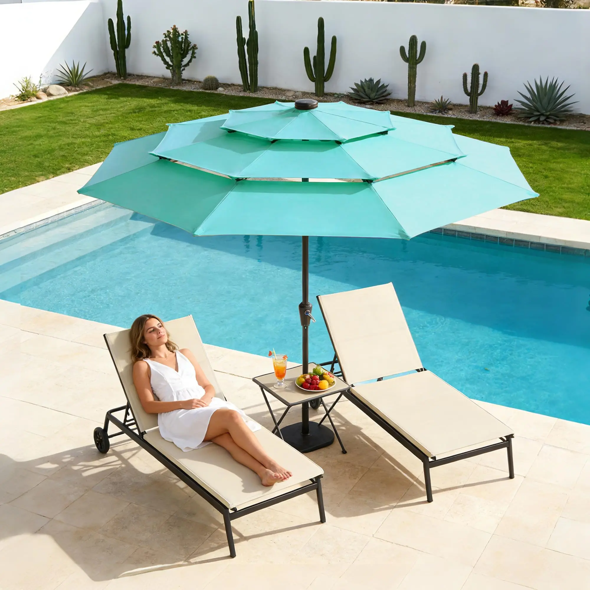 Garvee 9FT Patio Umbrella with LED Lights, 3 Tier Outdoor Market Umbrella with Solar Lighting, UV Protection Canopy for Patio, Garden, Deck & Backyard