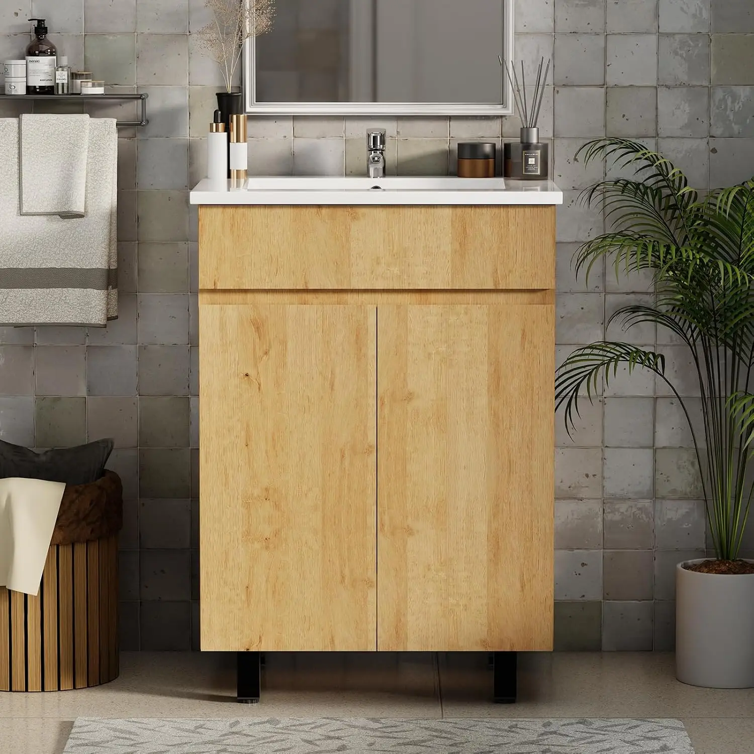 24 Inch Bathroom Vanity with Sink,Modern Freestanding 2-Door Bathroom Sink Cabinet with Soft-Close & Adjustable Shelf, Space-Saving Vanity with Sink for Bathrooms, Bathroom Cabinet Light Wood