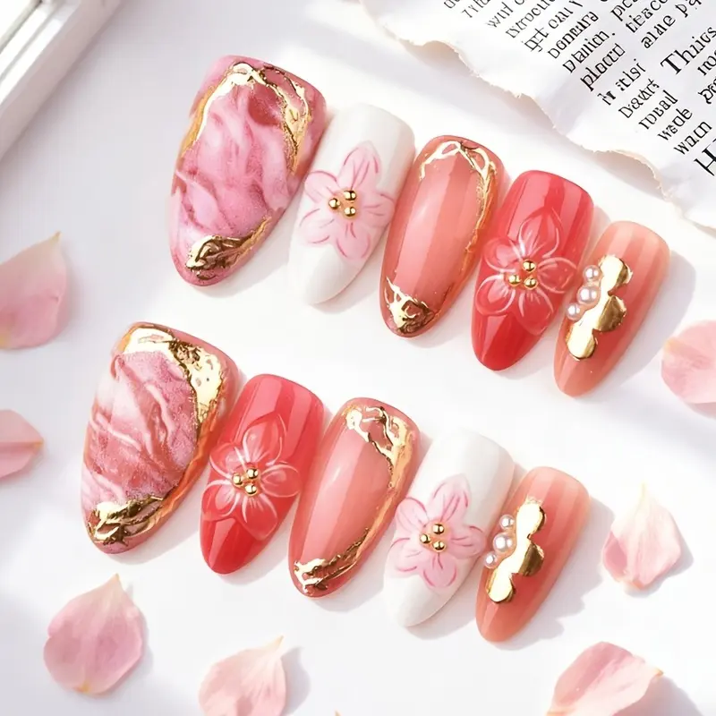 30-piece set of medium-length almond-shaped press-on nails, pink cherry blossom design with gold foil and marble swirl patterns, reusable fake nails, suitable for women, perfect for spring and party outfits