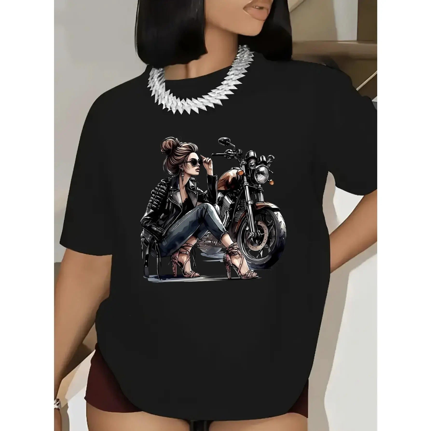 Women'S Motorcycle Graphic Tee - Stylish Casual Short Sleeve T-Shirt with Fashion-Forward Design, White Crew Neck, Medium Stretch Fabric, Perfect for Casual Attire, Motorcycle Enthusiasts, and Pet Lovers, Motorcycle Accessorie