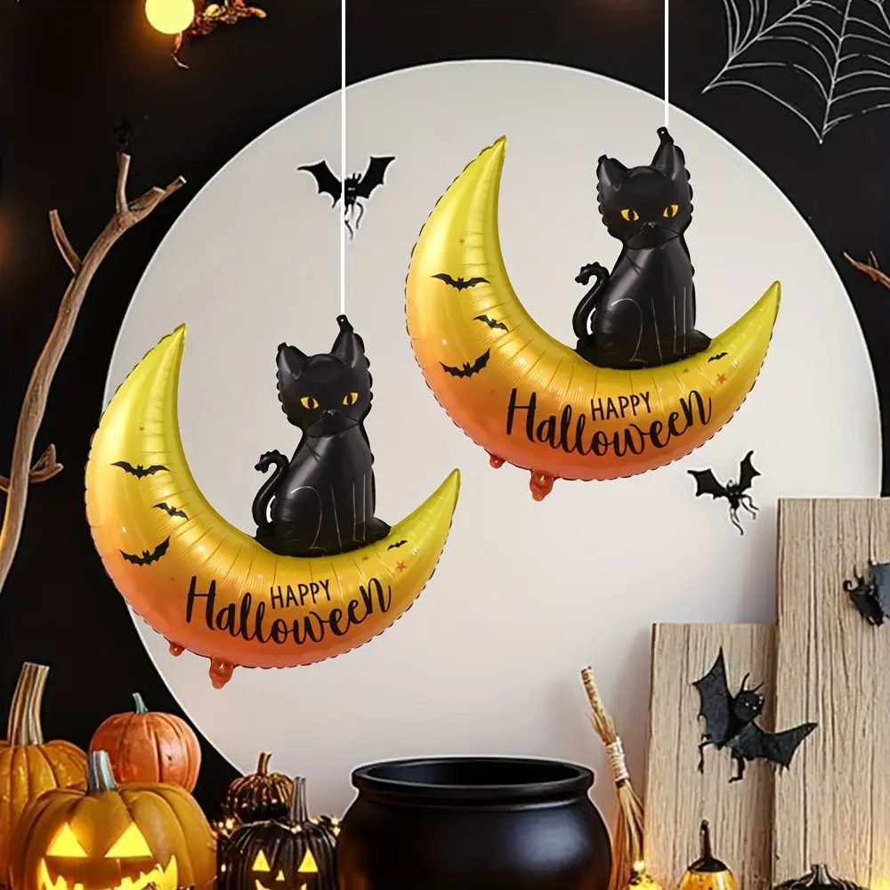 Two black cat moon balloons and Halloween happy foil balloons, used as decorations for Halloween parties and festive gatherings, as well as gift items for decoration purposes.