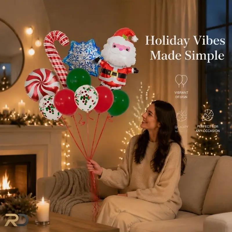 Santa Claus Christmas Balloon Bundle Set, Festive Cartoon Style, Candy Cane and Snowflake Foil Balloons Paired with Sequin Balloons, Christmas Party Table Decoration