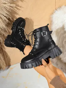 Punk Style Thick Sole Boots, Side Zipper Metal Buckle Design, Slimming and Height-Increasing Short Boots, All-Season Fashion