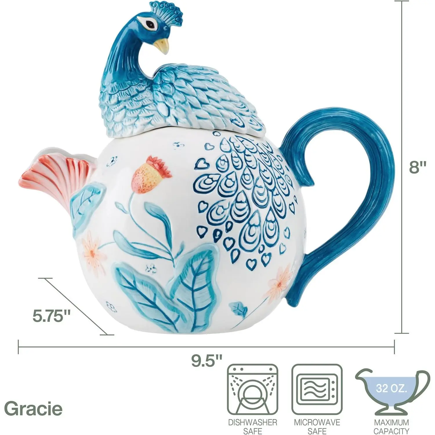 Gracie Ceramic Peacock Teapot - 1 Qt Kitchen Tea & Coffeeware for Tea Brewing