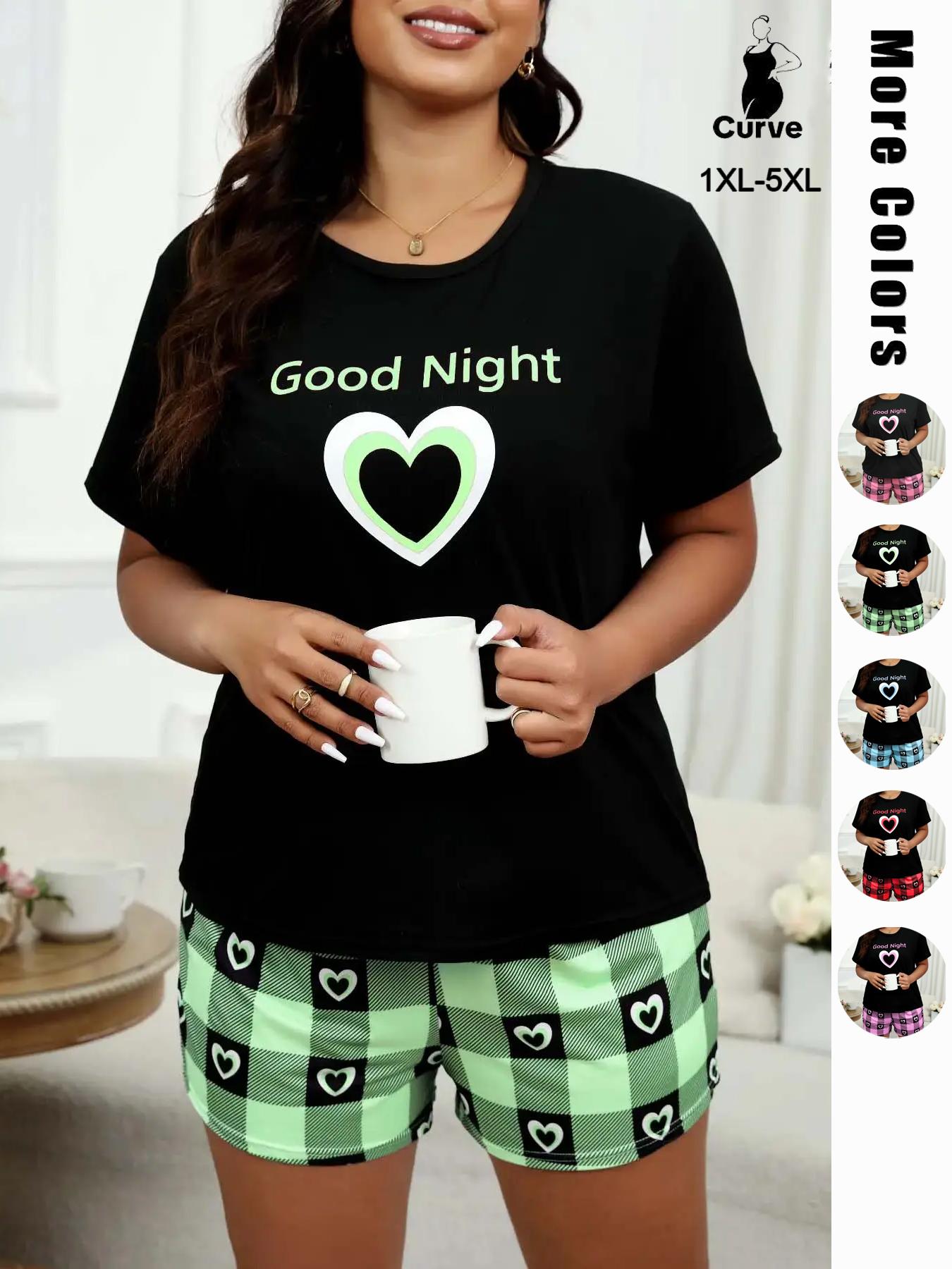 Plus Size Heart & Plaid Print Pajama Set, Casual Round Neck Short Sleeve T-shirt & Shorts Pj Set, Summer Sleepwear & Loungewear, Summer Outfits 2024, Women's Nightwear