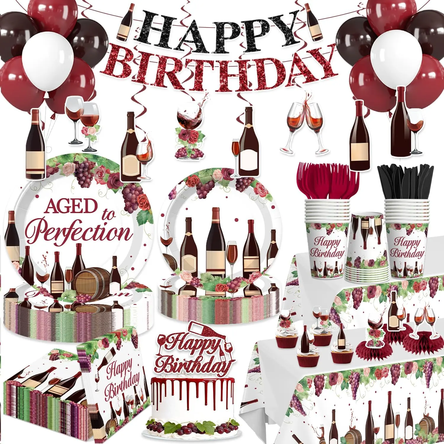 25-Guest Wine Milestone Party Supplies Set, 205PCS All-in-One Aged to Perfection Burgundy Floral Decor Kit with Pre-Strung Banner, Table Setting, Plates, Cups, Napkins, Balloons, Tablecloth, Centerpieces, Wine Bottle Accents, Coordinated Look