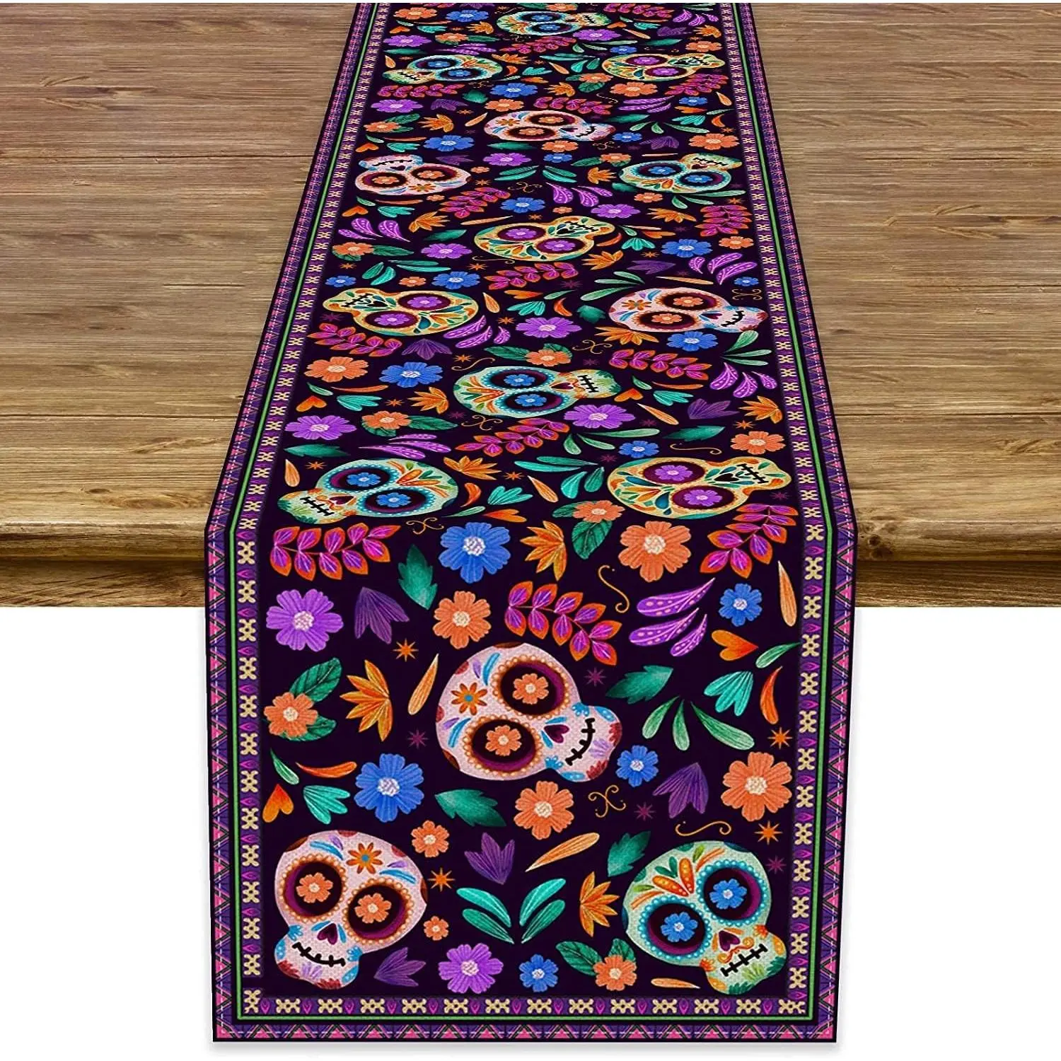 Dia De Los Muertos Table Runner Cinco de Mayo Rustic Linen Mexican Sugar Skull Day of The   Decoration for  Kitchen Dining Room (13" x 36")