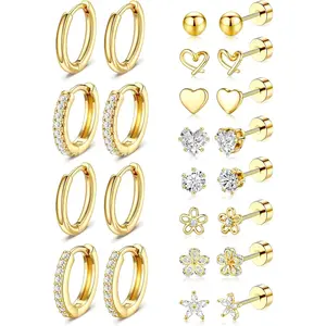 Women's and Girls' Anti-Allergic Gold Earrings - 14k Gold-Plated Surgical Stainless Steel Flat Back Earring Set Small Huggie Hoop Flat Back Earrings for Sensitive Ears Screw Back Cartilage Piercing Jewelry