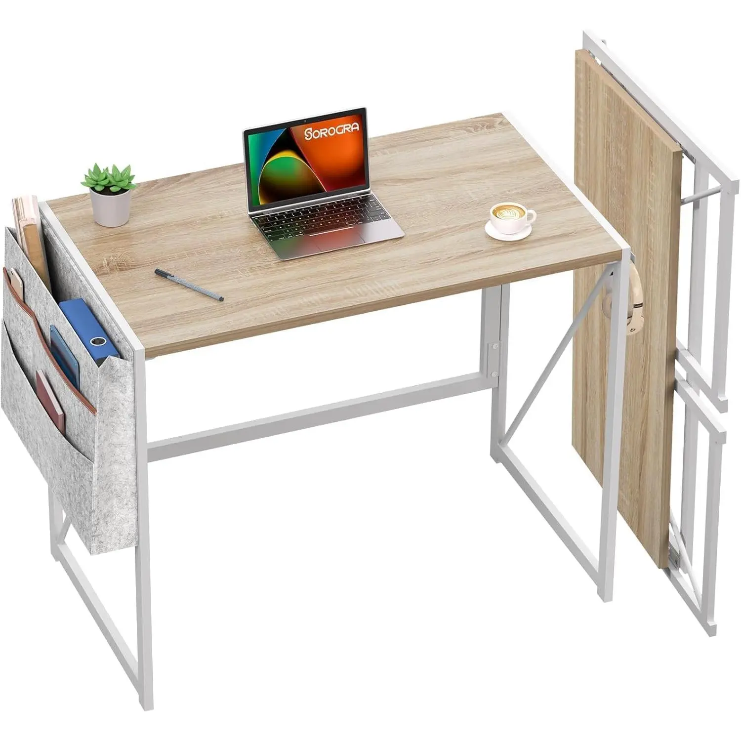 Folding Desk 80x40x72 cm Foldable Computer Table Side Storage Pocket Headphone Hooks Sturdy Metal Frame