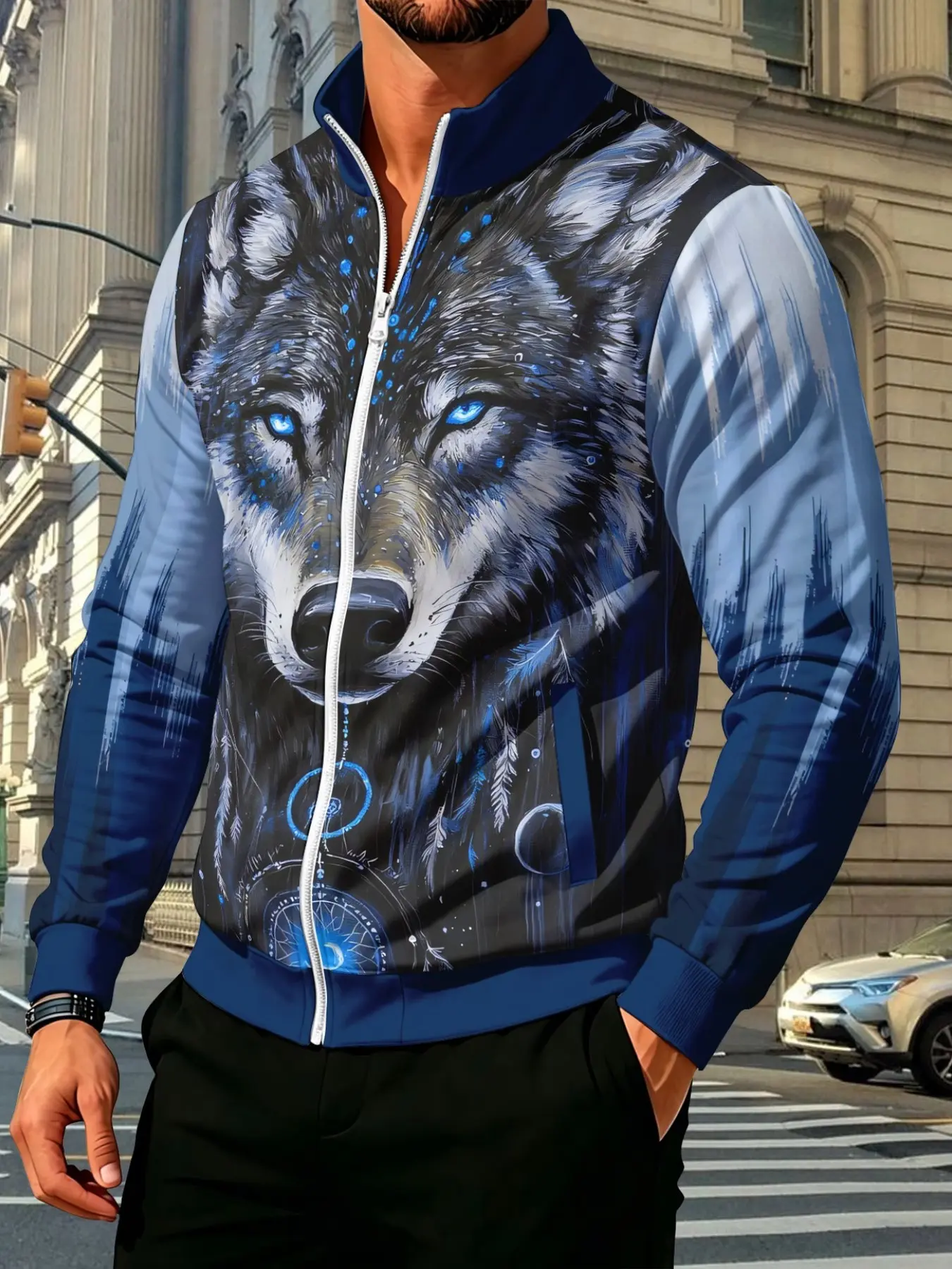 Men's Stand Collar Zipper Jacket, Blue Wolf Head Dreamcatcher All over Print, Wild Cool Style, Casual Long Sleeve Outerwear, Zipper Front Jackets