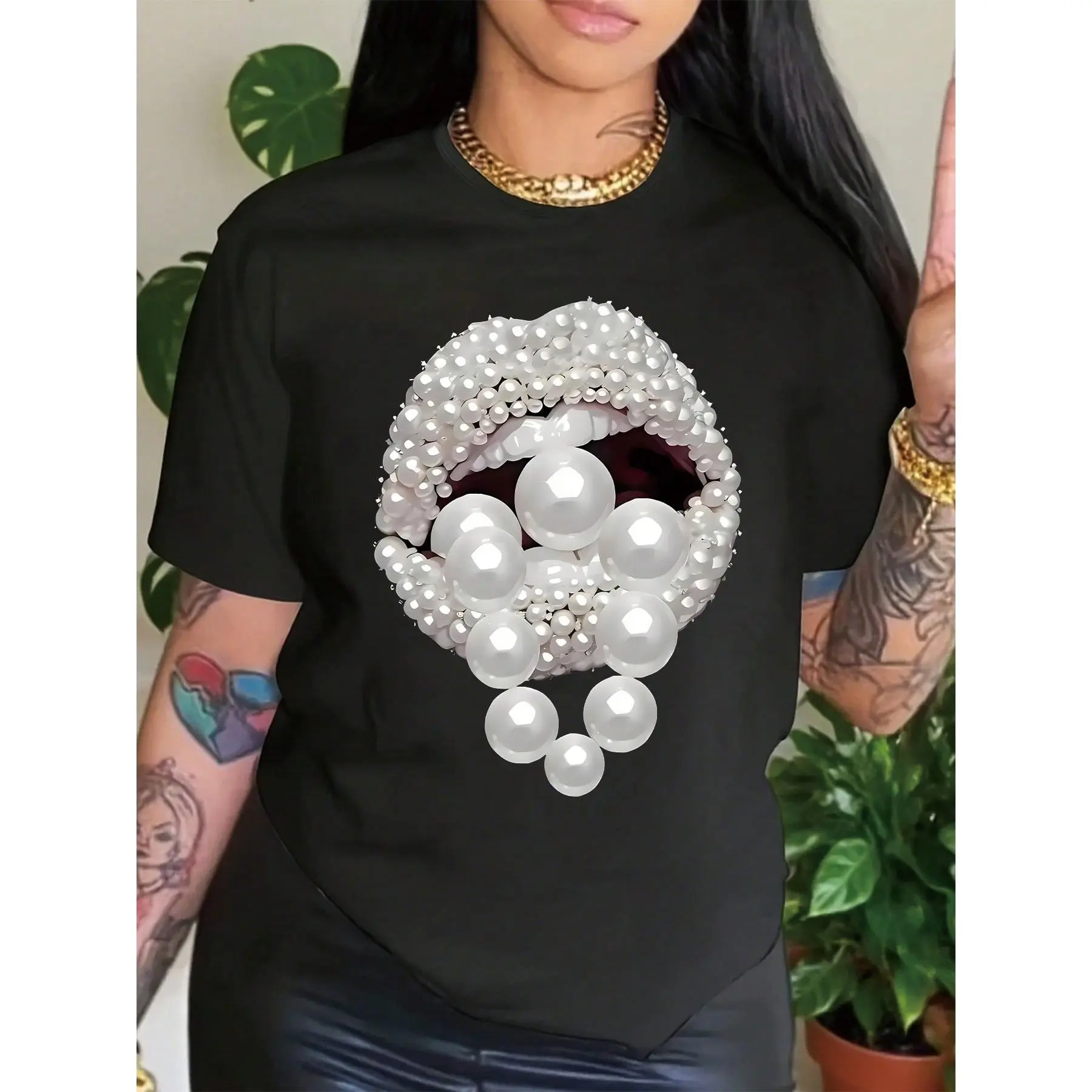 Women's Pearl Embellished 2D Printed Casual T-Shirt - Suitable For Casual Wear And Holiday Gifts, Breathable Fabric, Soft And Comfortable, Machine Washable, Versatile Women's T-Shirt For All Seasons, Pearl Embellished Design, Daily Casual And Versatile