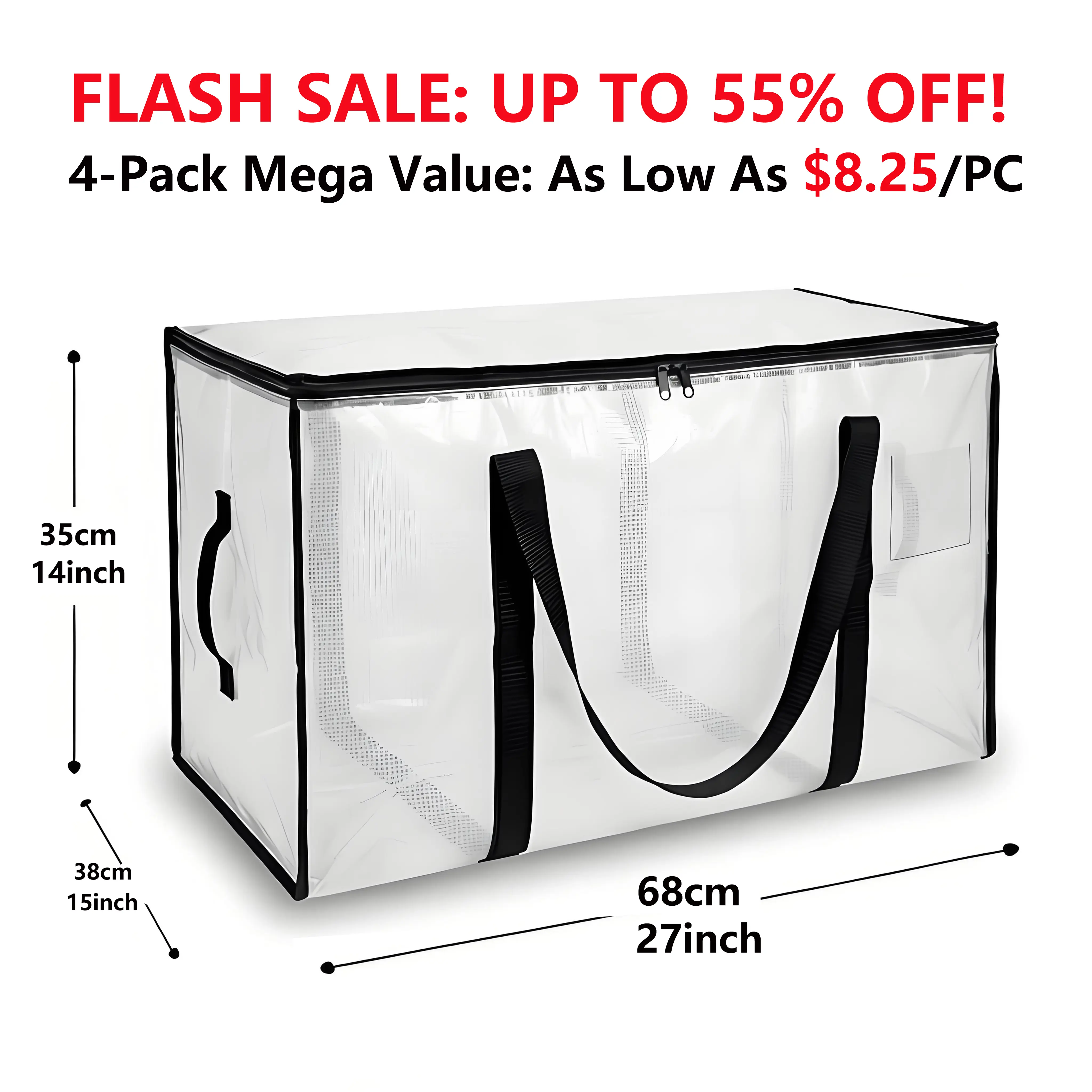 Heavy Duty Storage Bag 88L Waterproof Moving Tote with Handles Translucent Closet Organizer for Comforters Clothes Internal Frame Backpacks 1/2/3/4 Pack Space Saving Bags Fitting