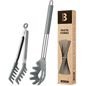 Silicone Spaghetti Spoon & Pasta Tong, Non-Stick Stainless Steel Handle Pasta Fork Set with Teeth, Food Clip for Easy Serving of Noodles(Grey)