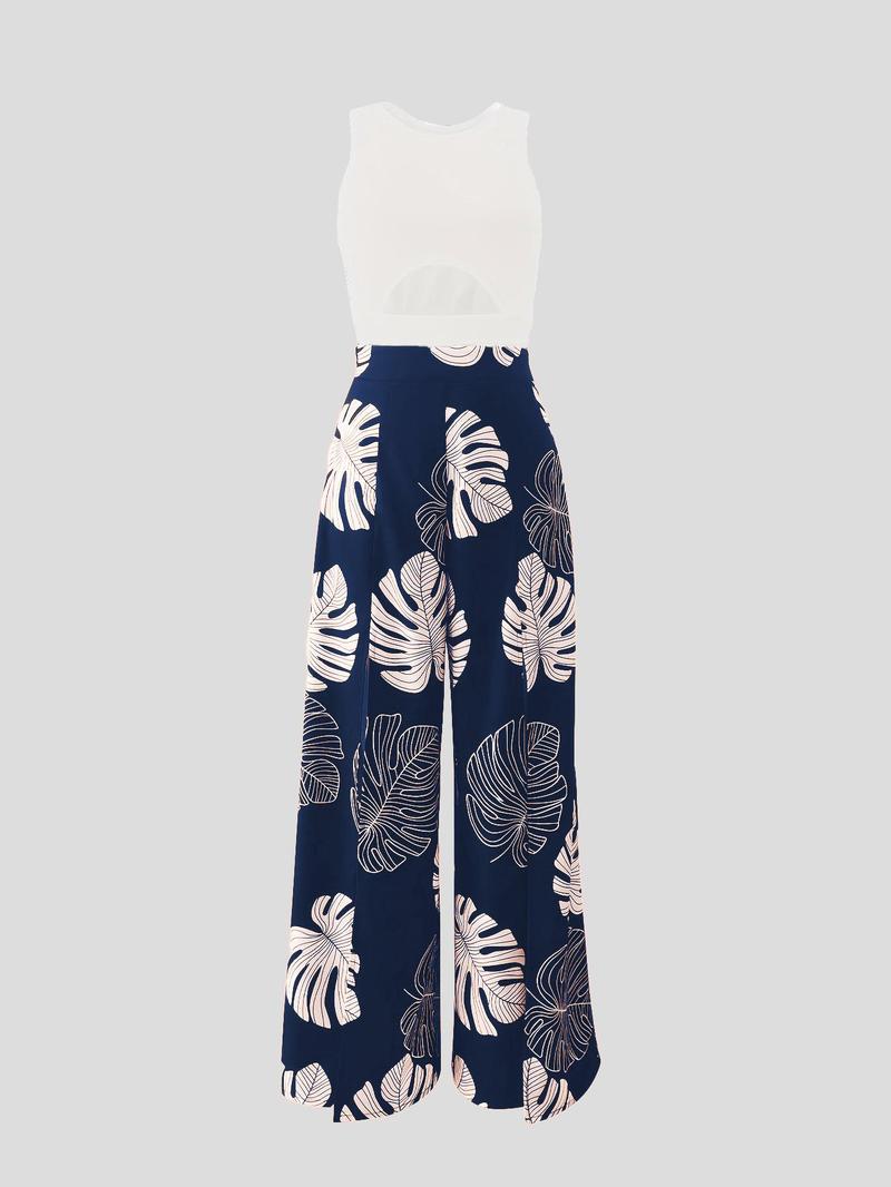 Women's Solid Crop Top & Leaf Print Wide Leg Pants Two-Piece Set, Elegant Fashion Casual Top & High Waist Trousers for Daily Outdoor Wear, Ladies Outfits for Summer