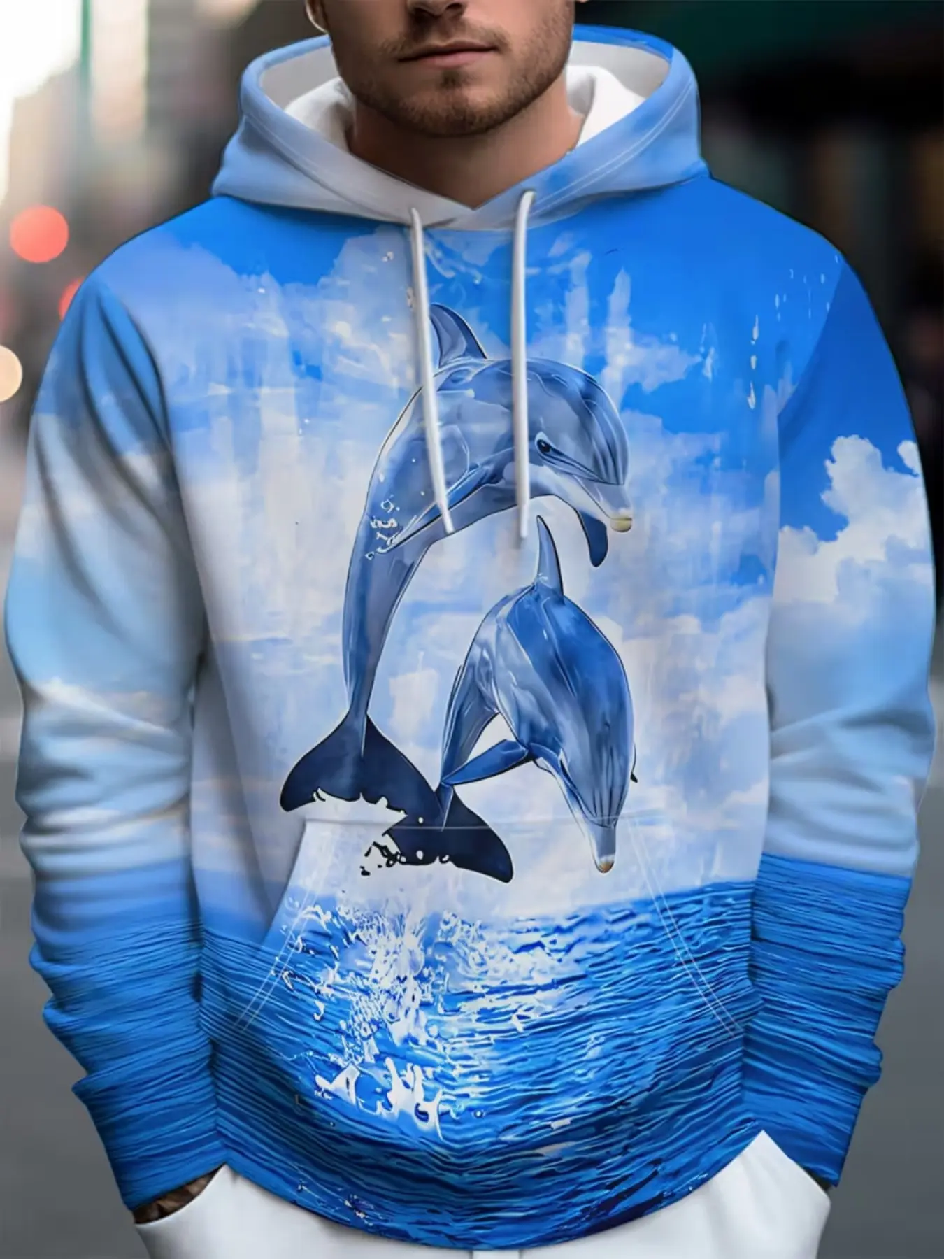Men's 3D Full-Print Dolphin Hoodie, Fresh Casual Loose Pullover, Long Sleeve Fitted Hooded Sweatshirt, All Seasons Wear