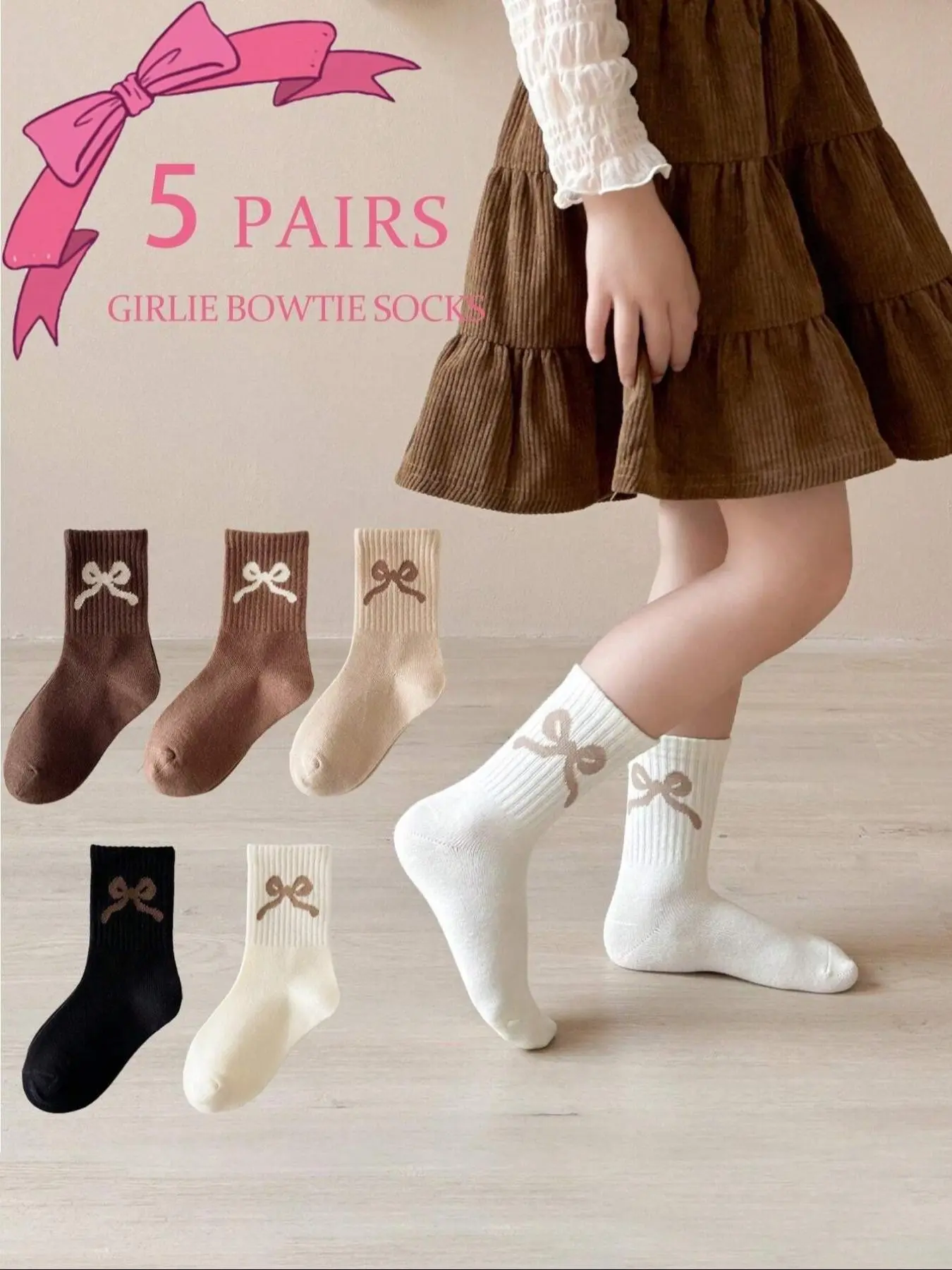5 Pairs Girls' Socks with Bow Decor, Casual Comfortable Mid-Calf Socks, Fashionable and Simple, Perfect for Fall and Winter Daily Wear