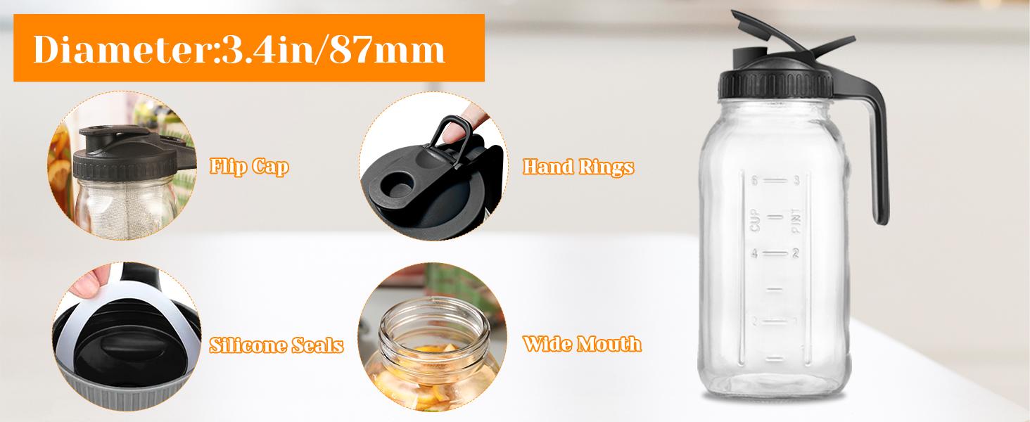 2 Pack Glass Pitchers with Lid, 64 oz Sun Tea Pitcher, Half Gallon Mason Jar Pitcher with Wide Mouth Airtight Lid for Ice Tea, Cold Brew Coffee, Fridge Water, Milk, Juices, Leak Proof Water Jug