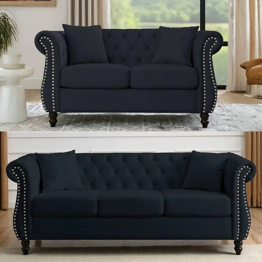 Modern Chesterfield Velvet Sofa Couch With Nailhead Trim, Classic Upholstered Tufted Couch With Rolled Arms, Luxury Living Room Sofa With 2 Cushions, Solid Wood Frame, 2 Seater Loveseat & 3 Seater Couch For Living Roo,lounge,chair,b,rustic,,apartment,use,