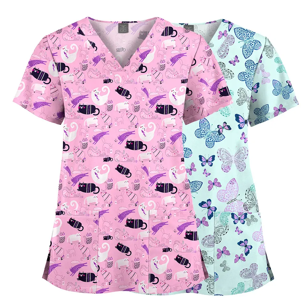 New elastic printed scrub uniform SPA bathing workwear nurse uniform European and American plus size V-neck cartoon floral clothing