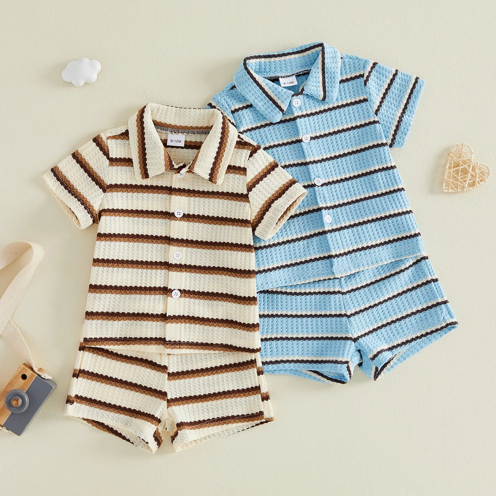 Toddler Baby Boy Outfit Striped Print Collar Lapel Collar Short Sleeve T Shirt Elastic Waist Shorts Set Summer Clothes