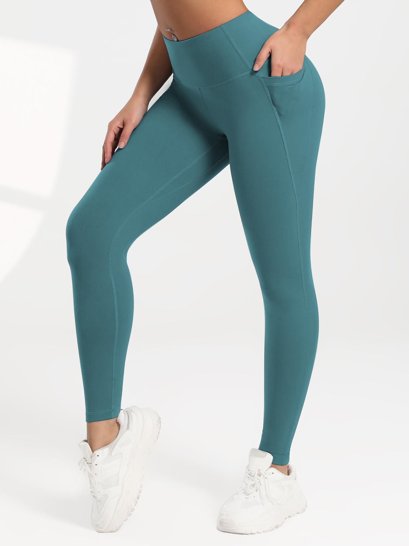 Women's Solid Color High Waist Sports Leggings, High Stretch Tight-fitting Breathable Comfortable Pocket Pants, Ladies Sportswear for Indoor Outdoor Wear, Stretchy Workout Leggings