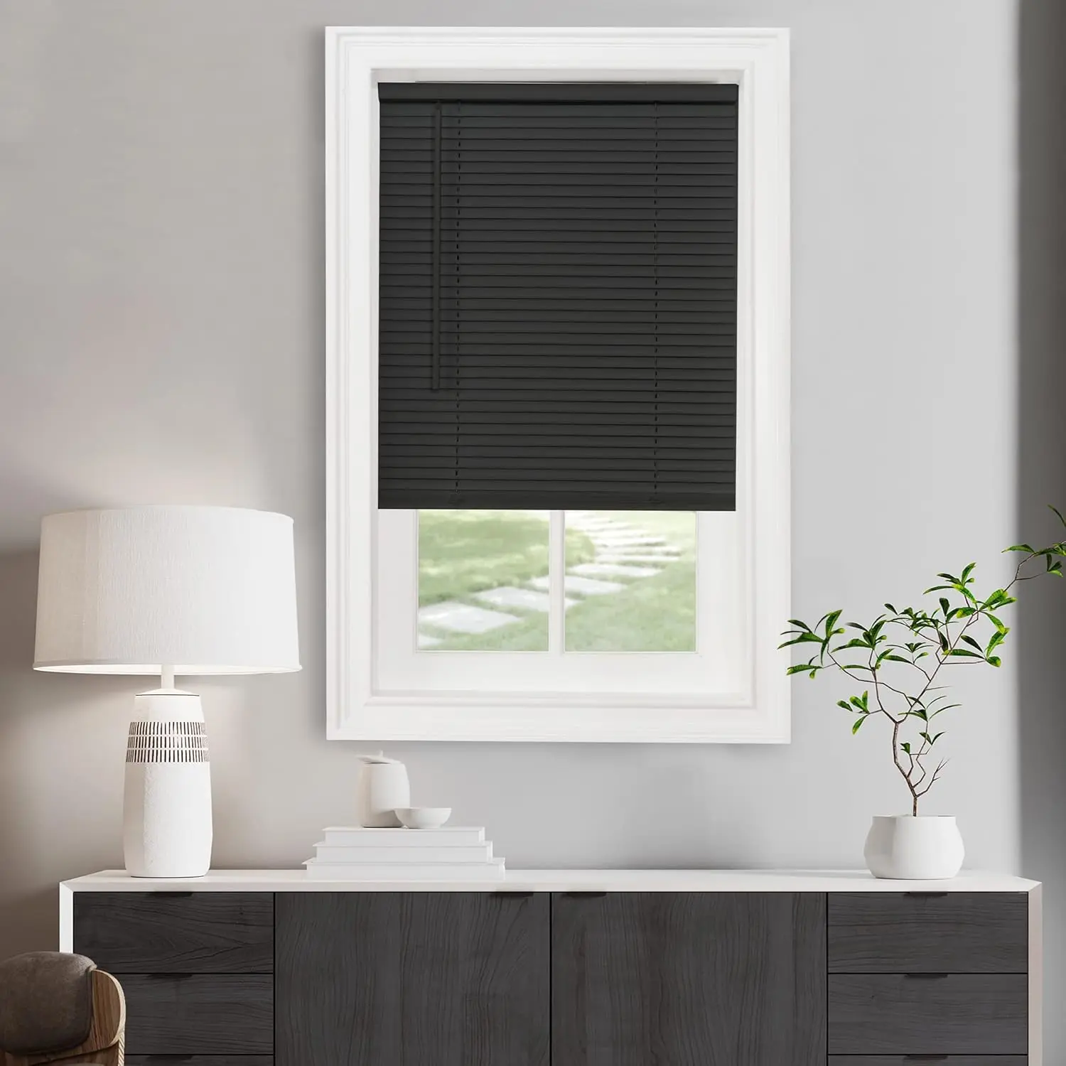 Cordless Light Filtering Mini Blind - 27 Inch Width, 64 Inch Length, 1" Slat Size - Black - Cordless GII Morningstar Horizontal Windows Blinds for Interior by Achim Home Decor