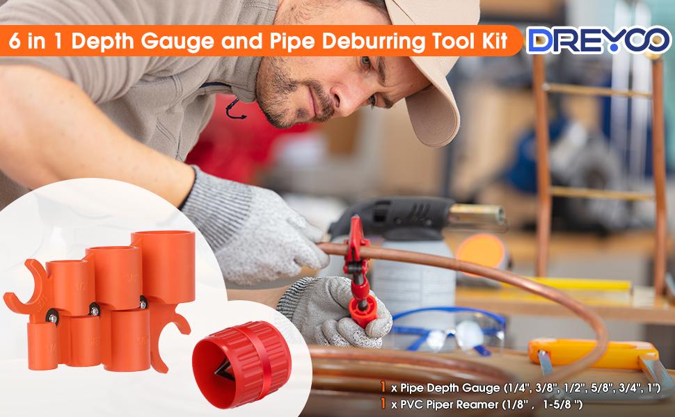 1/4'' - 1'' Depth Gauge and Pipe Deburring Tool Kit, 1/8'' to 1-5/8'' Inner Outer Reamer Pipe Tubing Chamfer Tool for PVC PPR Brass CPVC PE-RT Aluminum 1/4'' - 1'' Depth Gauge and Pipe Deburring Tool Kit, 1/8'' to 1-5/8'' Inner Outer Reamer Pipe Tubing Chamfer Tool for PVC PPR Brass CPVC PE-RT Aluminum