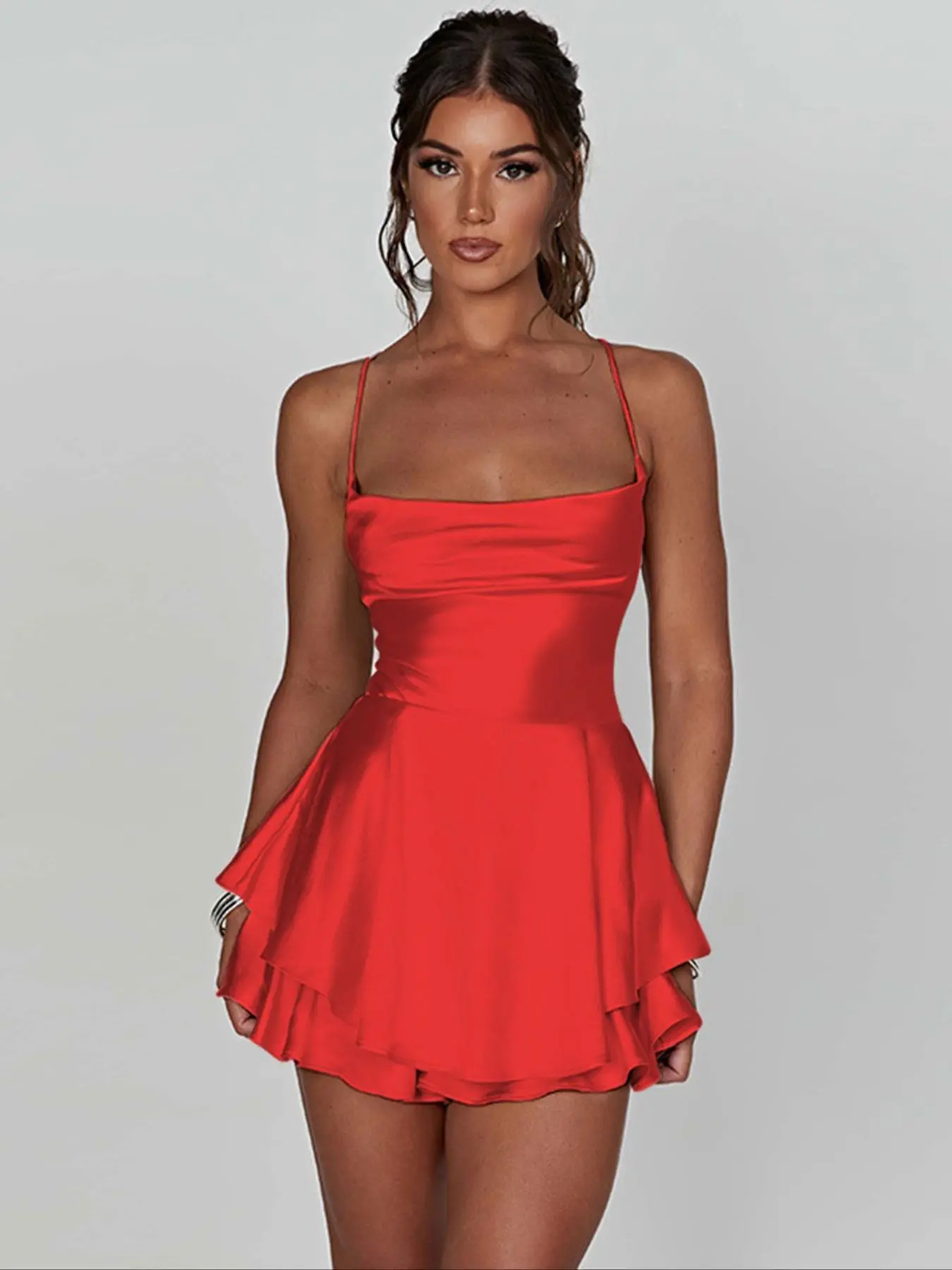 backless crisscross lace up mesh layered mini party dress Backless Criss-Cross Pu Leather Pleated Halter Mini Dress, Sexy