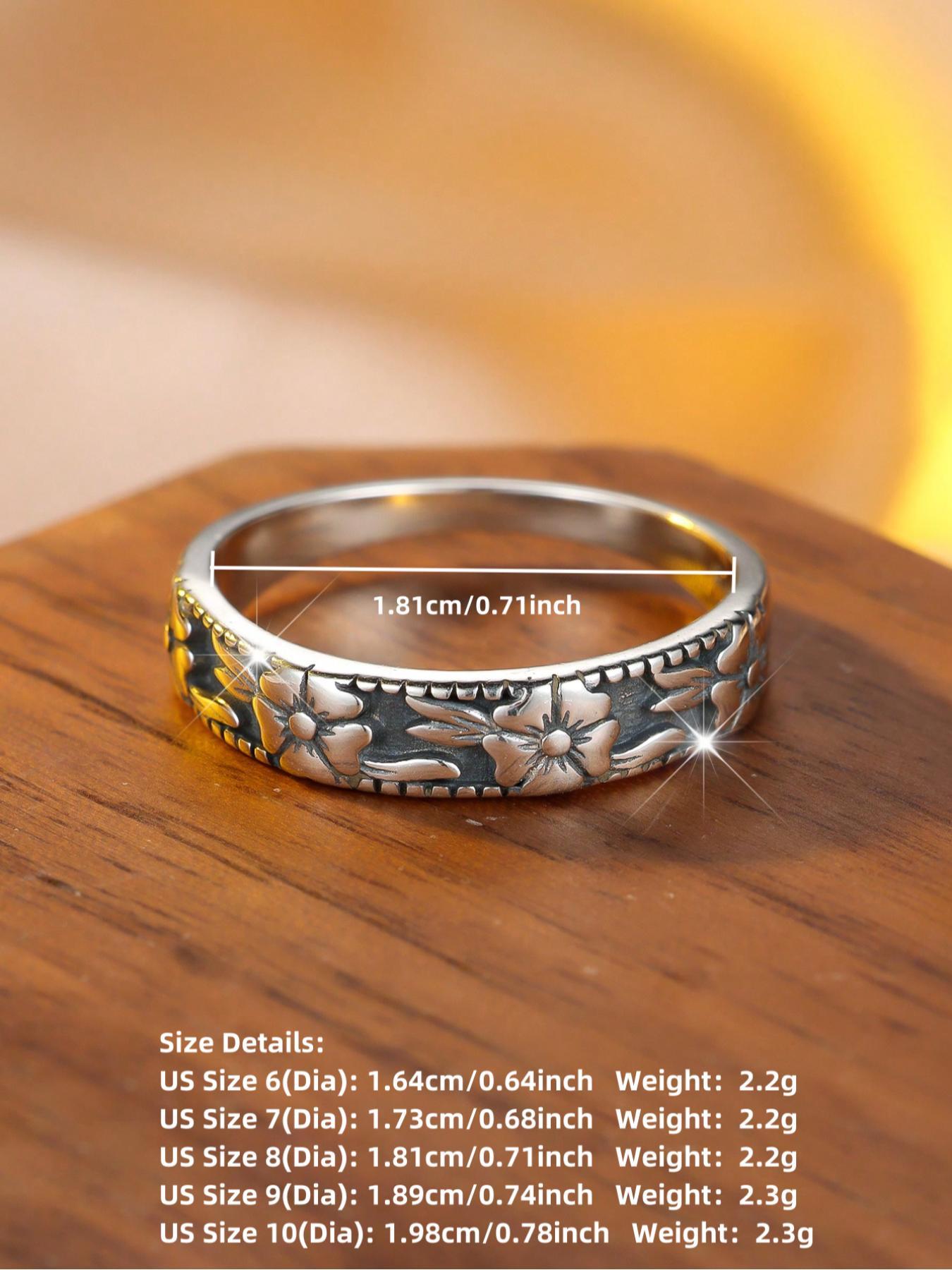S925 Sterling Silver High Purity Material Vintage Flower Embossed Unique Embossing Ring, Unique Rings, Fashion Accessories for Women & Girls, Trendy All-match & Exquisite Jewelry for Birthday Gift